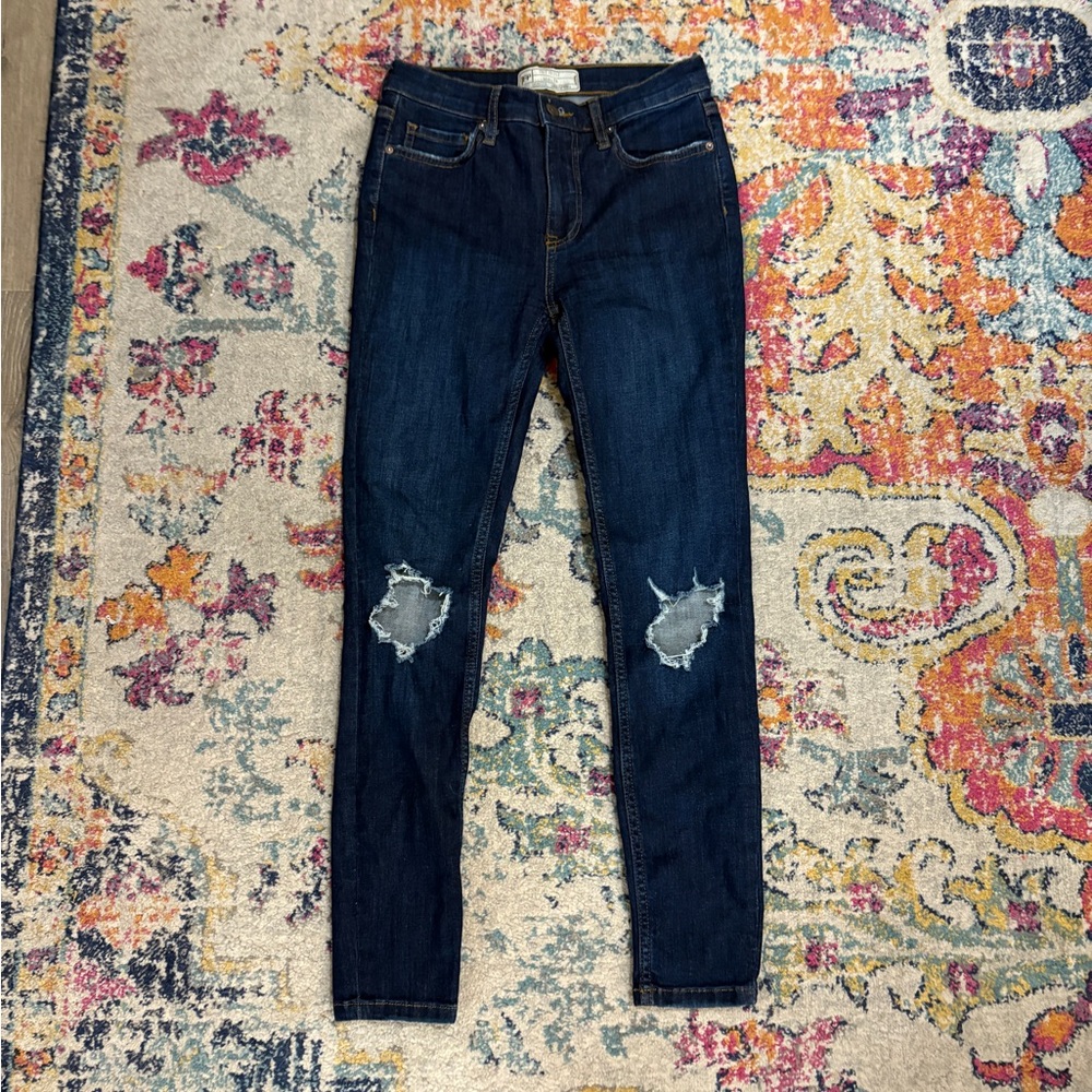 Free People Blue Skinny Jeans with Distressed Knees